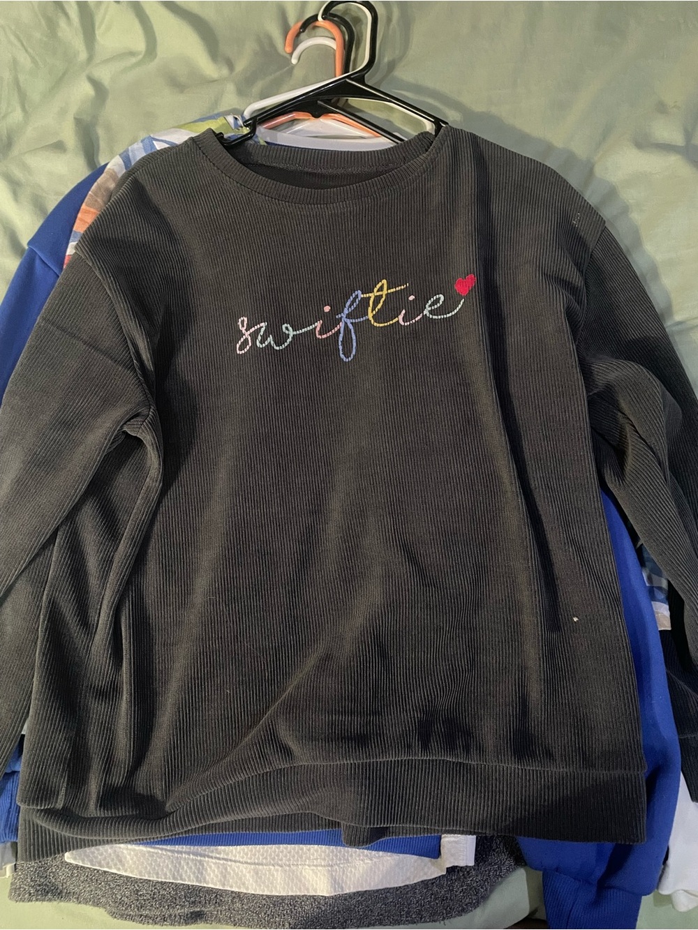 Taylor Swift Black Crewneck Sweater with Rainbow 'swiftie' Embroidery